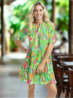 Orientique Australia Floral Pleated Crinkle Dress Size XS Green Organic Cotton